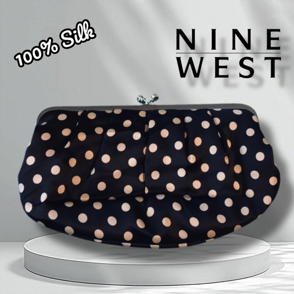 Nine West 100% Silk Polka Dot Clutch with Rhinestone Closure & Silver Chain - Picture 1 of 11